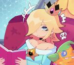  1girl bare_shoulders blonde_hair blue_eyes breasts cleavage crown dress earrings hair_over_one_eye highres jewelry jiansketch lips long_hair looking_at_viewer mario_(series) mario_+_rabbids_sparks_of_hope medium_breasts rosalina solo star_(symbol) star_earrings super_mario_galaxy 