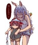  animal_ear_fluff animal_ears bangs blue_hair bra braid bunny_ears glasses hair_ribbon heterochromia highres hololive homura910210 houshou_marine long_hair object_on_head open_mouth panties panties_on_head rabbit_girl red_eyes red_hair ribbon shorts smile sweat tank_top translated turn_pale twin_braids twintails underwear usada_pekora virtual_youtuber yellow_eyes younger 