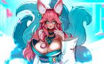  1girl ahri akanbe animal_ear_fluff animal_ears bare_shoulders bell blue_eyes blue_tail bow breasts cleavage detached_sleeves ehrrr eyebrows_visible_through_hair facial_mark fox_ears fox_girl fox_tail hair_bell hair_bow hair_ornament hand_up highres japanese_clothes league_of_legends long_hair looking_at_viewer multiple_tails petals pink_hair solo spirit_blossom_ahri standing tail tongue tongue_out upper_body whisker_markings 