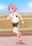  1girl bike_shorts blurry blurry_background brown_eyes full_body hair_intakes hood hoodie idolmaster idolmaster_cinderella_girls koshimizu_sachiko open_mouth outdoors pink_hair running sakaki_imasato short_hair short_shorts shorts sleeveless solo sweat watch wristband wristwatch 