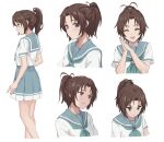  1girl ahoge blue_sailor_collar blue_skirt blush brown_hair closed_eyes closed_mouth expressionless head_tilt hibike!_euphonium highres kitauji_high_school_uniform long_hair looking_at_viewer looking_down multiple_views nakagawa_natsuki pleated_skirt ponytail purple_eyes raku_rakugaki sailor_collar school_uniform serafuku shirt short_sleeves simple_background skirt smile standing white_background white_shirt 