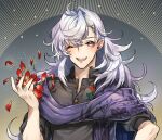  1boy ;d ahoge black_shirt camelot_&amp;_co fate/grand_order fate_(series) flower hair_intakes highres holding holding_flower long_hair male_focus merlin_(fate) none_(kameko227) one_eye_closed open_mouth petals pointy_ears purple_eyes purple_scarf scarf shirt smile solo wavy_hair 