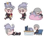  1boy alolan_form alolan_meowth animal_on_head bean_bag_chair black_jacket cat cat_on_head chair closed_eyes closed_mouth commentary_request eyeshadow flip-flops gen_7_pokemon grey_hair hand_in_pocket highres holding island_kahuna jacket lying makeup male_focus multiple_views nanu_(pokemon) on_back on_head open_clothes open_jacket pokemon pokemon_(creature) pokemon_(game) pokemon_on_head pokemon_sm red_eyes red_shirt sandals shirt short_hair short_sleeves simple_background sitting sleeping usano_(kagasimm) white_background 