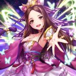  1girl blush brown_eyes brown_hair bug butterfly detached_sleeves dress insect long_hair long_sleeves looking_at_viewer open_mouth overhit purple_dress purple_nails sakiyamama sleeveless sleeveless_dress smile solo strapless strapless_dress upper_body wide_sleeves 