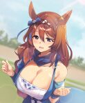  1girl animal_ears blue_bow blue_dress blue_eyes blue_scarf blue_sky bow breasts brown_hair cleavage commentary ddolggol dress dutch_angle hair_bow hands_up highres horse_ears large_breasts long_hair looking_at_viewer o-ring_dress open_mouth outdoors scarf sky solo super_creek_(umamusume) sweat umamusume upper_body 