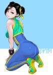  1girl ass ass_focus bare_shoulders black_hair bodystocking bodysuit bracer chun-li chun-li_(cosplay) cosplay double_bun dytm from_behind halter_top halterneck kneeling looking_at_viewer looking_back naughty_face seductive_smile skin_tight skindentation smile solo street_fighter 