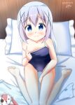  1girl bare_arms bare_legs bare_shoulders barefoot bed between_legs blue_eyes blue_hair blush closed_mouth clothes_pull dated frown gochuumon_wa_usagi_desu_ka? hand_between_legs highres inakami kafuu_chino long_hair on_bed panties pillow pulling school_swimsuit sitting sitting_on_bed slim_legs solo stuffed_animal stuffed_bunny stuffed_toy swimsuit swimsuit_pull underwear wariza 