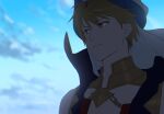  1boy arabian_clothes blonde_hair blurry depth_of_field earrings fate/grand_order fate_(series) gilgamesh_(caster)_(fate) gilgamesh_(fate) high_collar highres jewelry male_focus mosako red_eyes sky solo turban vest 
