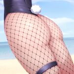  1girl ass ass_focus beach black_leotard bunny_tail cloud day english_commentary fake_tail fishnet_legwear fishnets highres leotard merrytail ocean original outdoors pantyhose sky solo tail thigh_strap 