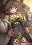  1boy 1girl absurdres bangs between_thighs bikini black_shorts blush breasts brown_hair cellphone censored chain cleavage coat double_bun eyebrows_visible_through_hair girls&#039;_frontline green_bikini green_nails hair_ornament hands_up highres holding holding_phone long_sleeves looking_down medium_breasts medium_hair mingke mosaic_censoring nail_polish off_shoulder open_mouth p90_(girls&#039;_frontline) penis phone red_eyes short_shorts shorts smartphone smile solo_focus swimsuit thigh_sex torso_grab white_coat 