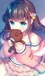  1girl bangs bear_hair_ornament black_hair blue_eyes bunny_hair_ornament covered_mouth duck_hair_ornament eyebrows_visible_through_hair fur_trim hair_behind_ear hair_ornament highres holding holding_stuffed_toy hood hooded_jacket jacket long_hair looking_ahead nijisanji nijisanji_kr patori pink_jacket pink_skirt side_bun skirt solo song_mia stuffed_animal stuffed_bunny stuffed_toy virtual_youtuber 