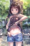  1girl bangs bare_shoulders blurry blurry_background bow bow_panties brown_eyes brown_hair brown_shirt clothes_lift collarbone cowboy_shot day denim denim_shorts highres kyon_(kyouhei-takebayashi) lifted_by_self long_hair looking_at_viewer navel open_mouth original outdoors panties park shirt shirt_lift shorts sleeveless sleeveless_shirt solo standing tree tree_trunk underwear unzipped white_panties 