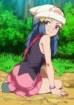 1girl arm_support bead_bracelet beads beanie black_shirt blue_eyes blue_hair bracelet bush dawn_(pokemon) english_commentary forest from_side grass ground hair_ornament hairclip hand_on_own_thigh hat jcm2 jewelry long_hair looking_at_viewer looking_back nature outdoors pink_skirt pokemon pokemon_(game) pokemon_dppt red_neckwear scarf shirt sidelocks sitting skirt sleeveless sleeveless_shirt smile solo tree white_headwear yokozuwari 