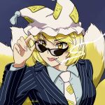  1girl adjusting_eyewear animal_ears blonde_hair blue_background breasts cigarette formal fox_ears fox_tail hat highres large_breasts lips looking_ahead mouth_hold multiple_tails necktie parted_lips pillow_hat pinstripe_pattern pinstripe_suit rakkidei short_hair simple_background smile smoking solo striped suit sunglasses tail touhou upper_body yakumo_ran yellow_eyes 