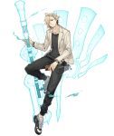  1boy aladdin_(sinoalice) beard blonde_hair blue_eyes bracelet cellphone energy_weapon facial_hair full_body hair_over_one_eye jacket jewelry ji_no looking_at_viewer necklace official_art phone polearm reality_arc_(sinoalice) shoes sinoalice smartphone sneakers solo transparent_background wallet watch weapon wristwatch 