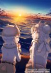  2girls above_clouds alpaca_ears alpaca_girl alpaca_huacaya_(kemono_friends) alpaca_suri_(kemono_friends) alpaca_tail animal_ears commentary_request extra_ears fur_hat fur_trim hair_bun hair_tubes hat kemono_friends kemono_friends_3 long_sleeves multiple_girls official_art seto_(harunadragon) short_hair sky sunset sweater tail translation_request vest white_fur white_hair white_sweater white_vest 