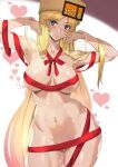  1girl areola_slip areolae armpits ashiomi_masato blonde_hair blue_eyes blush breasts guilty_gear guilty_gear_strive hat heart highres long_hair looking_at_viewer millia_rage naked_ribbon navel ribbon simple_background solo sweatdrop very_long_hair white_background 