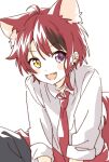  1boy ahoge animal_ears dog_boy dog_ears heterochromia highres namori open_mouth purple_eyes red_hair rinu_(niconico) short_hair simple_background smile solo strawberry_prince utaite_(singer) white_background yellow_eyes 