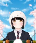  1girl bangs black_hair black_jacket blazer blue_sky blush brown_eyes closed_mouth cloud collared_shirt day diagonal-striped_neckwear diagonal_stripes helmet honda_super_cub jacket koguma_(super_cub) kozue_akari lamppost necktie outdoors petals power_lines shirt short_hair sky smile solo striped striped_neckwear super_cub upper_body white_headwear white_shirt 