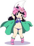  1girl armor armpits arms_up bikini bikini_armor black_eyes black_hair blue_bikini boots cape chi-chi_(dragon_ball) child dragon_ball dragon_ball_(classic) full_body gloves green_cape helmet long_hair navel nollety open_mouth pauldrons pink_footwear pink_gloves pink_headwear shoulder_armor simple_background solo swimsuit white_background 