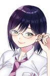  1girl bespectacled glasses green_eyes hair_between_eyes kawai_rou looking_at_viewer mole mole_under_eye necktie nijisanji purple_hair red-framed_eyewear semi-rimless_eyewear shirt shizuka_rin short_hair simple_background smile solo under-rim_eyewear virtual_youtuber white_background white_shirt 