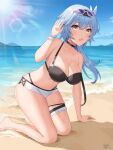  1girl barefoot beach bikini black_bikini blue_hair breasts choker cleavage eula_lawrence eyewear_on_head feet full_body genshin_impact hand_up highres kneeling large_breasts looking_at_viewer open_mouth rinfuyu_(user_evju4752) sand sky sunlight swimsuit yellow_eyes 