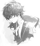  1boy amamiya_ren animal animal_on_shoulder bangs cat cat_on_shoulder closed_mouth glasses greyscale hair_between_eyes jacket male_focus monochrome morgana_(persona_5) persona persona_5 portrait sawa2 shuujin_academy_uniform solo 