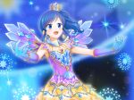  1girl :d aikatsu! aikatsu!_(series) blue_background blue_eyes blue_gloves blue_hair bracelet crown earrings eyebrows_visible_through_hair gloves gradient_gloves highres jewelry kiriya_aoi mini_crown one_side_up open_mouth outstretched_arms sidelocks skirt smile solo sparkle spread_arms standing tagme wings yellow_skirt yoban 