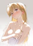  1girl bangs bare_arms bare_shoulders blonde_hair blue_eyes blush breasts cleavage closed_mouth collarbone commentary_request ear_blush eyebrows_visible_through_hair grey_background head_tilt highres long_hair naked_towel neon_genesis_evangelion nose_blush siino simple_background small_breasts solo souryuu_asuka_langley sweat towel twitter_username upper_body v-shaped_eyebrows 