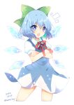 1girl artist_name bangs blue_dress blue_eyes blue_hair bow cirno commentary_request crossed_arms dated dress eyebrows_visible_through_hair eyes_visible_through_hair green_bow hair_between_eyes hands_up highres ice ice_wings looking_at_viewer number open_mouth ougi_hina puffy_short_sleeves puffy_sleeves red_bow red_neckwear short_hair short_sleeves simple_background solo standing touhou twitter_username white_background white_sleeves wings 