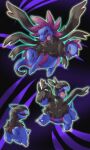  akihorisu black_sclera blue_background colored_sclera deino_(pokemon) evolutionary_line fangs gen_5_pokemon highres hydreigon no_humans open_mouth pokemon pokemon_(creature) purple_eyes simple_background zweilous 