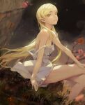  1girl bare_shoulders blonde_hair breasts cleavage dress flower grin hakui_(b600723) highres kiss-shot_acerola-orion_heart-under-blade kizumonogatari long_hair looking_at_viewer md5_mismatch monogatari_(series) pointy_ears sitting small_breasts smile solo strap_slip vampire white_dress yellow_eyes 