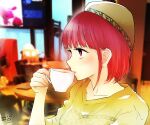  1girl absurdres arima_kana bangs black_eyebrows brown_sweater coffee coffee_cup cup disposable_cup drinking ears hair_behind_ear hat highres holding_hands open_mouth oshi_no_ko red_eyes red_hair short_hair signature sweater yurigera_8959 