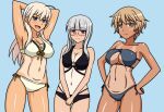  3girls ahoge arms_behind_head ass_visible_through_thighs bangs bikini black_bikini blonde_hair blue_background blunt_bangs blush breasts cleavage front-tie_bikini front-tie_top glasses grey_bikini grey_hair groin groin_tendon hachimitsu-b hair_between_eyes hands_on_hips hanna-justina_marseille heidimarie_w._schnaufer jewelry large_breasts long_hair multiple_girls navel ring semi-rimless_eyewear shiny shiny_skin short_hair side-tie_bikini smile strike_witches swimsuit tan tanline thigh_gap thighs v_arms waltrud_krupinski world_witches_series yellow_eyes 