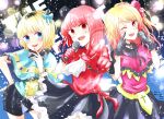  3girls absurdres arima_kana bangs black_gloves blonde_hair blue_dress blue_eyes blue_ribbon blush dress fake_horns finger_pointing gloves hat highres horns hoshino_ruby idol memcho microphone multiple_girls one_eye_closed oshi_no_ko pink_dress pink_ribbon red_dress red_eyes red_gloves red_hair ribbon signature smile sparkle teeth yurigera_8959 