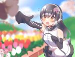  1girl african_penguin_(kemono_friends) bare_shoulders black_gloves black_hair black_skirt blurry bow bowtie bug butterfly commentary_request depth_of_field elbow_gloves flower gloves headphones high_collar highres insect kemono_friends long_hair microphone mitorizu_02 multicolored_hair official_alternate_costume penguin_girl penguin_tail pink_hair pleated_skirt reaching_out skirt sleeveless solo streaked_hair sweater tail virtual_youtuber white_hair white_sweater 