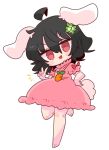  1girl :3 :d ahoge animal_ears bangs barefoot black_hair bunny_ears bunny_tail carrot_necklace clover dress eyebrows_visible_through_hair floppy_ears four-leaf_clover full_body hair_between_eyes hand_on_hip highres inaba_tewi looking_at_viewer op_na_yarou open_mouth pink_dress pink_eyes short_hair short_sleeves simple_background smile solo standing standing_on_one_leg symbol_commentary tail touhou v-shaped_eyebrows white_background 