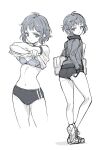  1girl adjusting_buruma adjusting_clothes ahoge ass bag bra breasts buruma clothes_lift full_body gym_uniform jacket juusan_kihei_bouei_ken lifted_by_self looking_at_viewer looking_back medium_breasts minami_natsuno monochrome multiple_views navel saitou_masatsugu shirt_lift shoes short_hair simple_background sketch smile sneakers underwear 