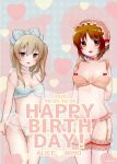  2girls arm_behind_back ass_visible_through_thighs bangs birthday blue_bow blue_bra blue_choker blue_panties bow bow_panties bra breasts brown_eyes brown_hair character_name choker commentary dated english_text eyebrows_visible_through_hair frilled_bra frilled_choker frilled_hairband frilled_panties frills garter_straps garters girls_und_panzer hair_bow hairband happy_birthday heart heart_background highres itsumip lace-trimmed_bra lace_trim light_brown_hair long_hair looking_at_viewer medium_breasts multiple_girls navel nishizumi_miho one_side_up open_mouth panties pink_bra pink_choker pink_hairband polka_dot polka_dot_bow polka_dot_bra polka_dot_choker shimada_arisu short_hair small_breasts smile thigh_gap thighhighs twitter_username underwear underwear_only white_legwear 