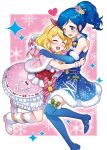  2girls :d aikatsu! aikatsu!_(series) bell blonde_hair blue_eyes blue_footwear blue_gloves blue_hair blush boots border bow bow_hairband capelet elbow_gloves fur-trimmed_gloves fur_trim gloves hair_bow hairband heart hood hood_down hooded_capelet hoshimiya_ichigo hug kiriya_aoi multiple_girls open_mouth pink_background pink_bow pink_capelet pink_footwear pink_skirt ponytail red_bow shoes skirt smile snowflake_background thigh_boots thighhighs white_border yoban 