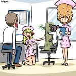  1boy 2girls :d afro bangs blonde_hair blunt_bangs bow chair clipboard closed_mouth commentary dress eyebrows_visible_through_hair gesture girls_und_panzer hair_bow hat holding holding_clipboard indoors jaw_drop kamonohashi_(girls_und_panzer) kneeling koala kogane_(staygold) labcoat long_hair looking_at_another lowres messy_hair multiple_girls nurse_cap office_chair open_mouth orange_hair pink_dress pink_headwear red_bow shoes short_dress short_sleeves smile solid_circle_eyes standing stool sweatdrop tree_stump twitter_username wallaby_(girls_und_panzer) white_footwear window 