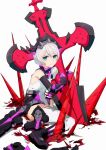  1girl absurdres bangs blue_eyes closed_mouth cross_(weapon) hair_between_eyes highres holding holding_weapon honkai_(series) honkai_impact_3rd kneehighs looking_at_viewer side_ponytail simple_background sitting_on_floor solo spikes theresa_apocalypse theresa_apocalypse_(violet_executer) torn_clothes torn_legwear weapon white_background white_hair white_legwear yoni_(zhang) 