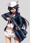  1girl 9s0ykoyama117 absurdres bangs benelli_m4 black_coat black_hair black_neckwear blouse blue_eyes bow coat combat_shotgun commentary cowboy_shot dark-skinned_female dark_skin dixie_cup_hat eyebrows_visible_through_hair eyes_visible_through_hair girls_und_panzer grey_background gun hair_bow hair_over_one_eye hat hat_feather highres holding holding_gun holding_weapon long_coat long_hair long_sleeves looking_at_viewer midriff military_hat miniskirt navel neckerchief ogin_(girls_und_panzer) ooarai_naval_school_uniform open_clothes open_coat open_mouth pleated_skirt ponytail red_bow sailor sailor_collar school_uniform shotgun simple_background skirt smile solo standing trigger_discipline weapon white_blouse white_headwear white_sailor_collar white_skirt 