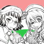  2girls bangs blunt_bangs blush eating eyebrows_visible_through_hair feathers flag flag_background food food_in_mouth food_on_face glasses greyscale hair_between_eyes headdress highres italian_flag kagesaki_yuna kantai_collection littorio_(kancolle) long_hair monochrome multiple_girls noodles one_eye_closed pasta pince-nez roma_(kancolle) short_hair simple_background sketch 