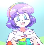  1girl :3 :d bangs blue_background blue_eyes bright_pupils cape english_commentary eyebrows_visible_through_hair looking_at_viewer multicolored multicolored_clothes multicolored_hairband open_mouth purple_hair quariumarts short_hair smile solo tenkyuu_chimata touhou upper_body white_cape white_pupils 