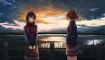  2girls absurdres bangs black_hair blue_jacket bow brown_hair brown_jacket brown_skirt building cloud cloudy_sky fence gekijouban_hibike!_euphonium grass hair_bow hands_in_pockets head_tilt hibike!_euphonium highres hisaishi_kanade huge_filesize jacket lake long_hair long_sleeves looking_at_viewer looking_away mellow4043 multiple_girls nakagawa_natsuki outdoors parted_lips plaid plaid_scarf plant ponytail purple_scarf red_bow red_eyes red_scarf scarf scenery short_hair skirt sky standing sunlight water 