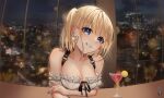  1girl bangs bar bare_shoulders blonde_hair blue_eyes blue_nails blunt_bangs breasts cleavage cocktail_glass collarbone cup drinking_glass earrings eyebrows_visible_through_hair fingernails gold_earrings grin heart heart_earrings highres hololive hololive_english jewelry large_breasts looking_at_viewer martini may_alice_(artist) off_shoulder smile solo sparkle teeth virtual_youtuber watson_amelia window 