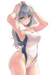  1girl armpits arms_up bangs bare_shoulders blue_swimsuit blush breasts collarbone green_eyes grey_hair highleg highleg_swimsuit highres kekemotsu long_hair looking_at_viewer medium_breasts one-piece_swimsuit original sideboob solo swimsuit thighs towel wet white_swimsuit 