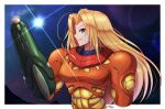  1girl arm_cannon blonde_hair blue_eyes fusion_suit looking_at_viewer metroid metroid_fusion mole mole_under_mouth profile samus_aran sky smile star_(sky) starry_sky varia_suit wakaba_(wata_ridley) weapon 