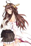  1girl ahoge black_skirt brown_hair commentary_request cowboy_shot detached_sleeves double_bun hairband hakama_skirt headgear highres japanese_clothes kantai_collection kongou_(kancolle) long_hair looking_at_viewer nitamago_(sakamalh) purple_eyes ribbon-trimmed_sleeves ribbon_trim simple_background skirt smile solo white_background 